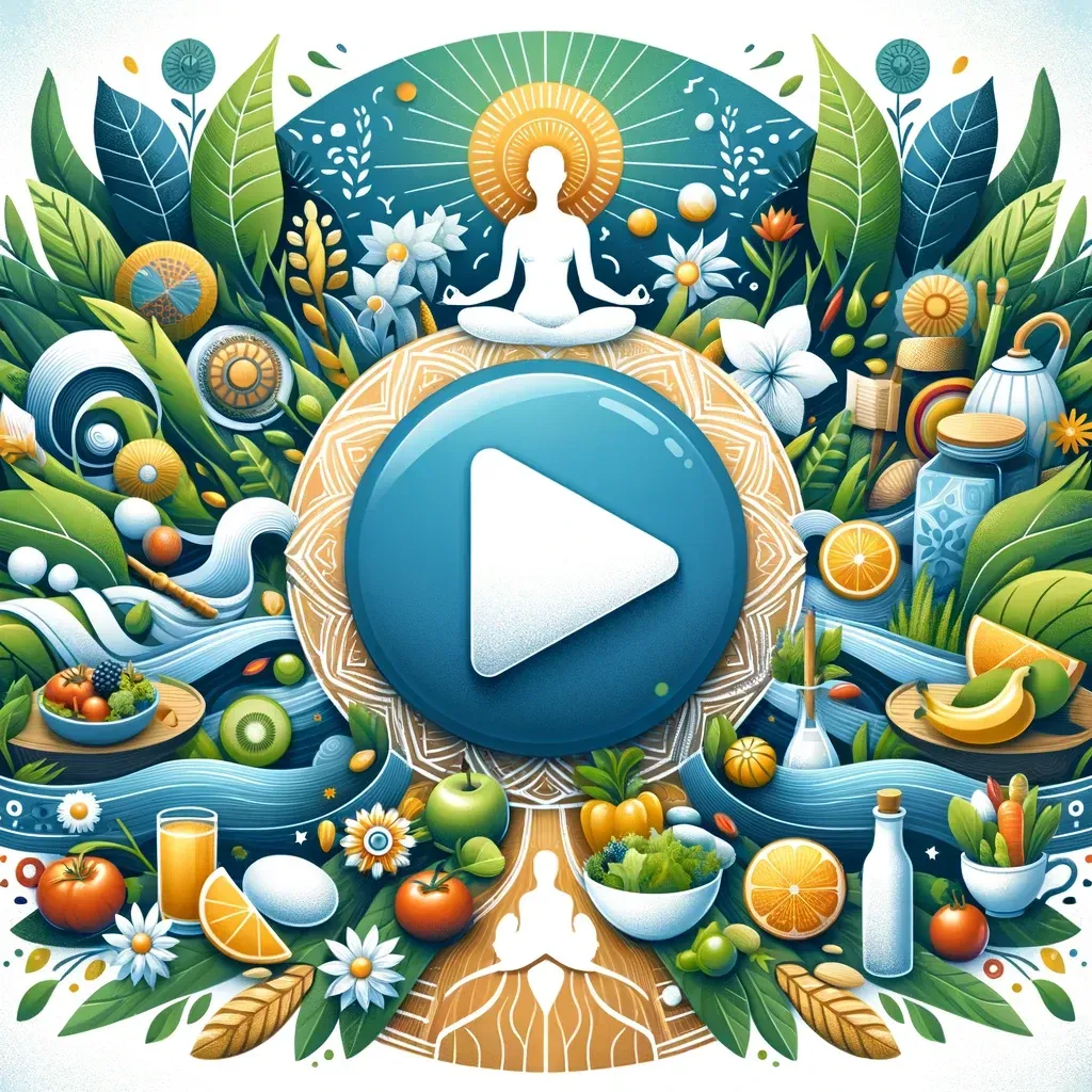 Un gros bouton de lecture centré sur une illustration d'une personne en train de méditer, entourée de plantes luxuriantes et d'aliments sains.