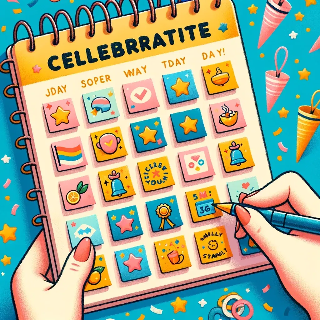 Des mains marquent un calendrier intitulé « CELLEBRATITE » avec divers autocollants colorés sur un fond turquoise festif.