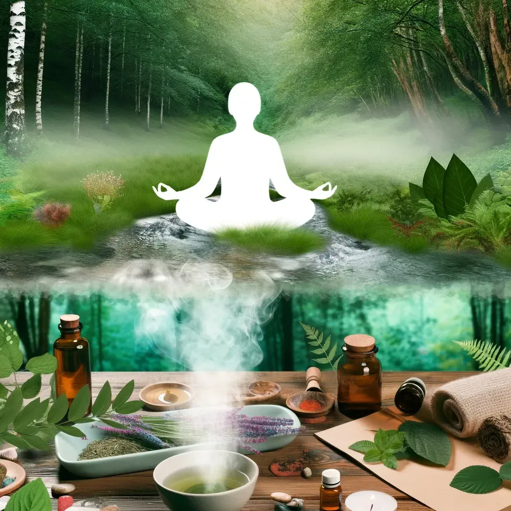 Silhouette blanche d'une personne en méditation au-dessus d'une table où sont disposés du thé, des huiles essentielles, des herbes et une serviette, dans une forêt.