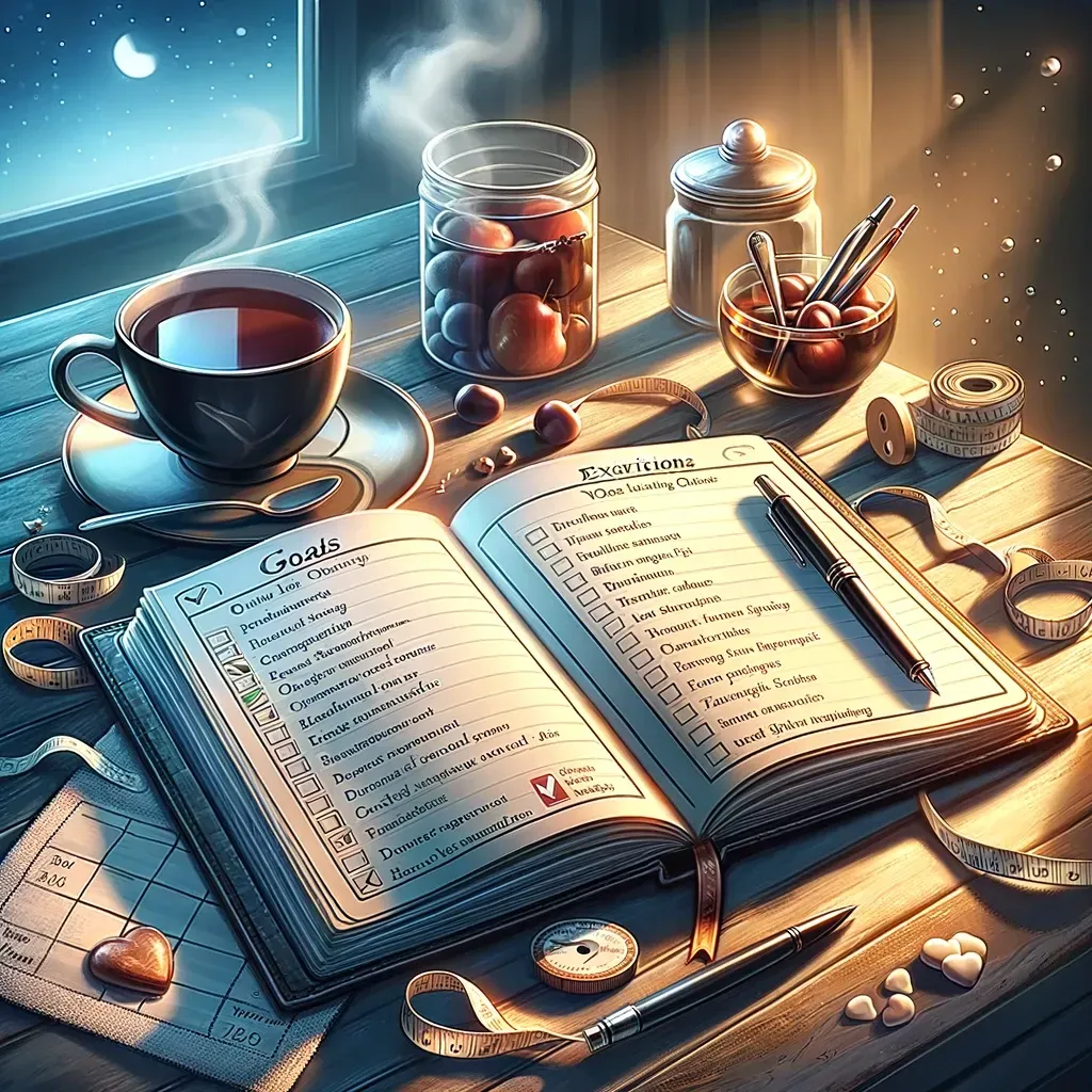 Un carnet ouvert, couvert de listes, est posé sur une table à côté d'une tasse fumante, d'un bocal de cerises et de stylos, le tout éclairé par le clair de lune.
