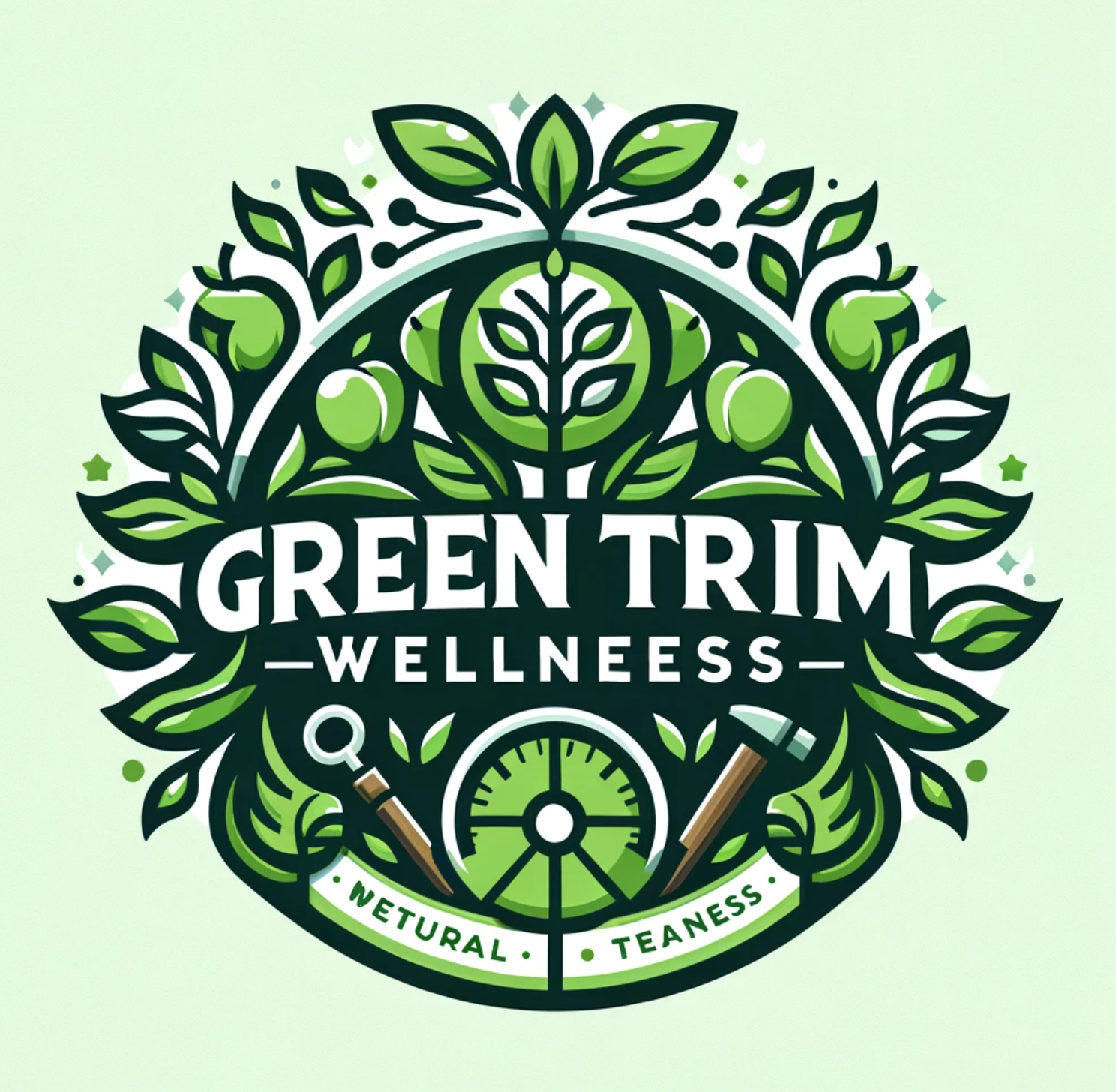 Un logo vert pour « Green Trim Wellness » représentant une couronne complexe de feuilles, de fruits, un instrument de mesure et des outils.