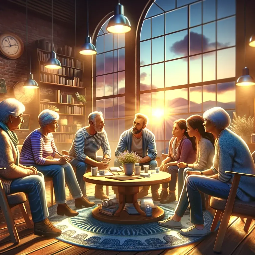 Un groupe de personnes est assise autour d'une table dans un salon.