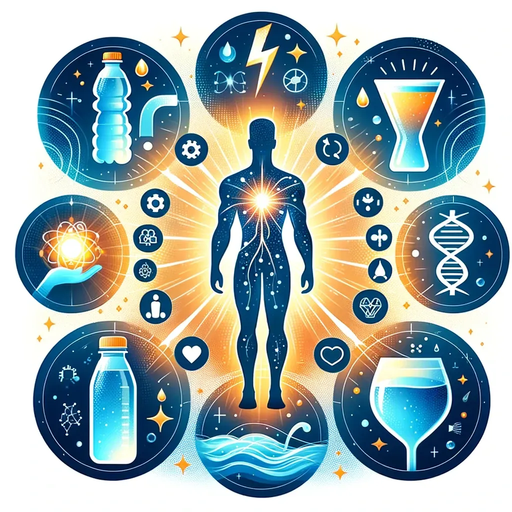 Une silhouette humaine illuminée au niveau de la poitrine, entourée d'icônes circulaires représentant l'eau, la nutrition, l'énergie et l'ADN.