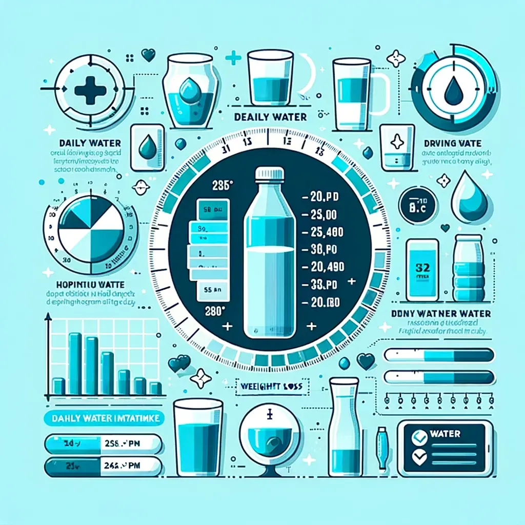 Infographie dans les tons de bleu présentant des données, des graphiques et des icônes relatifs à la consommation d'eau quotidienne et au suivi de l'hydratation.