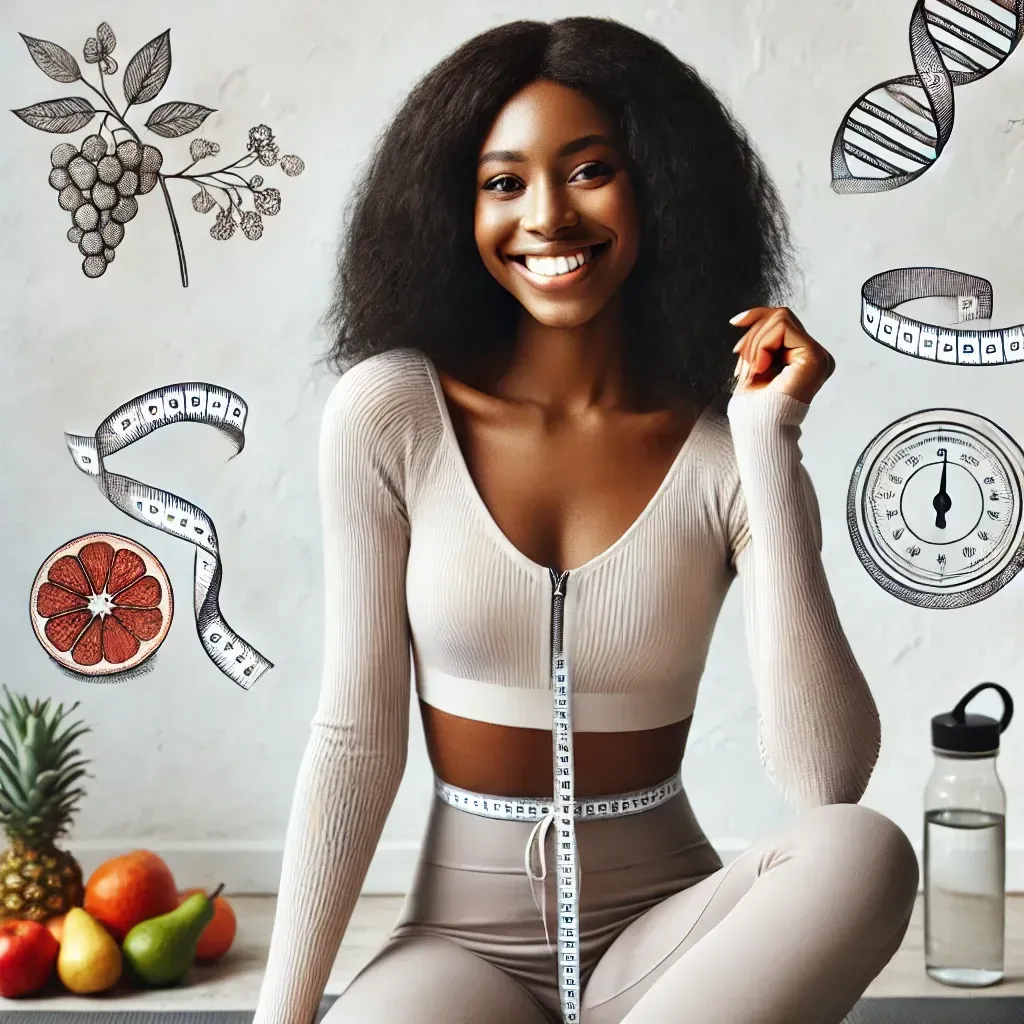 Une personne souriante en tenue de sport, entourée d'illustrations de fruits, d'ADN, d'une balance et d'un mètre ruban.
