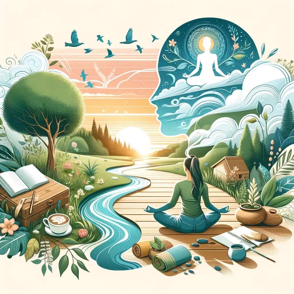 Une personne est assise en méditation au bord d'une rivière, avec une silhouette lumineuse représentant un esprit paisible au-dessus d'elle.