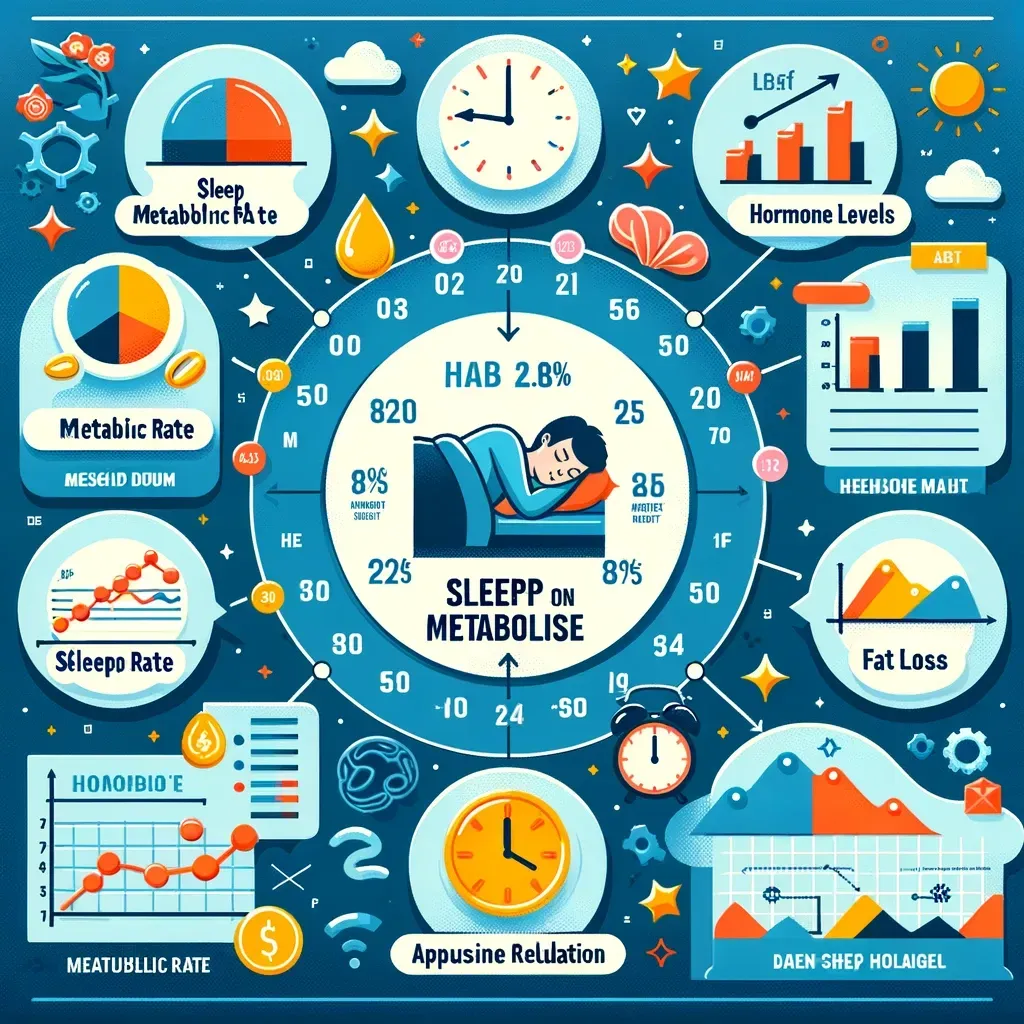 Une infographie intitulée « Sommeil et métabolisme » présentant un diagramme central circulaire illustrant les impacts métaboliques du sommeil.