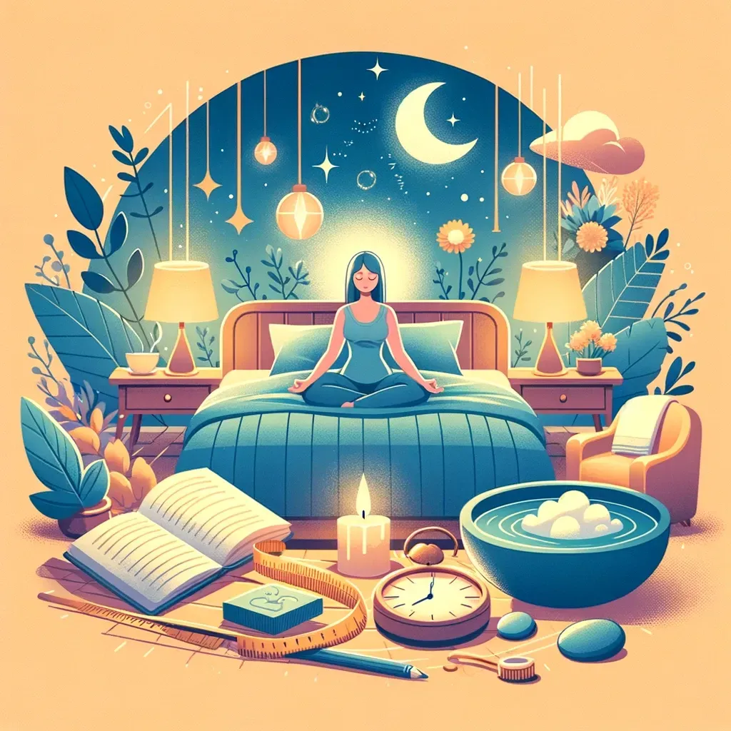 Une personne médite sur un lit dans une chambre décorée de plantes, de lampes, d'une bougie, d'un livre et d'une horloge sous un ciel étoilé.