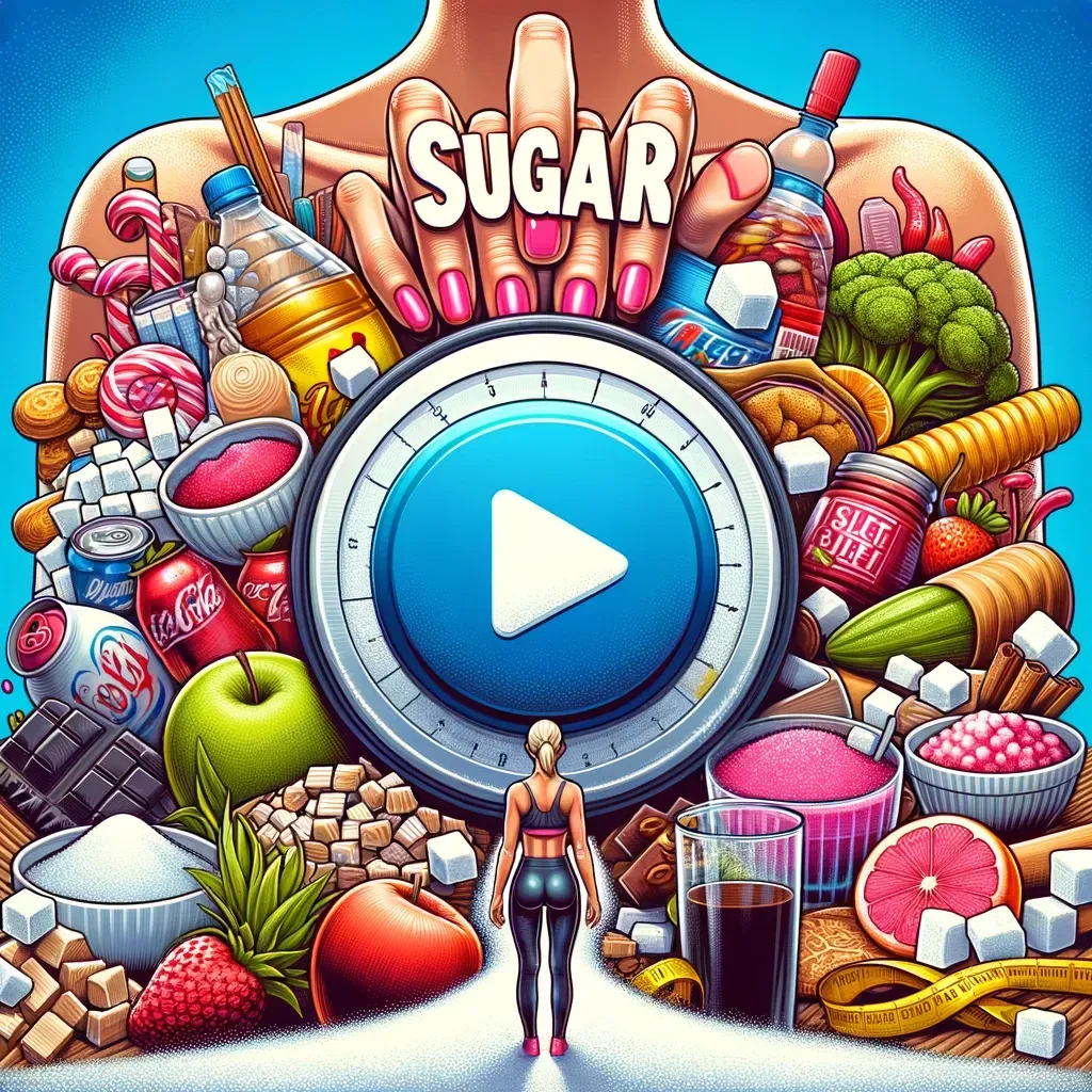 Une illustration montre des aliments riches en sucre et des produits de santé entourant un bouton de lecture central, avec une personne debout en dessous.