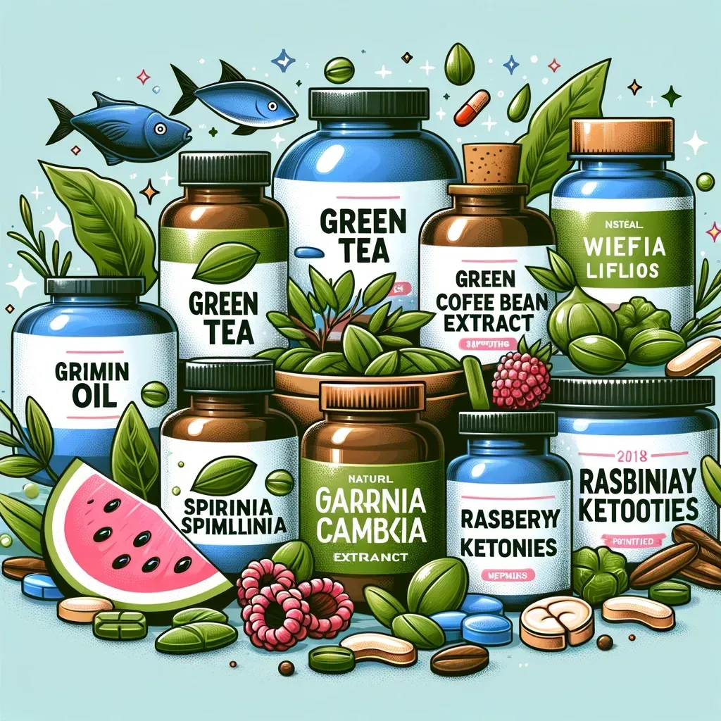 Une collection de flacons de compléments alimentaires colorés, entourés de fruits frais, de noix, de poisson et de pilules, sur un fond clair.