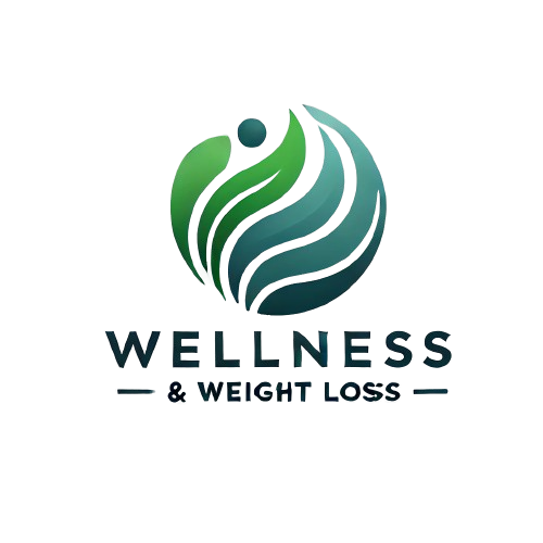 Un logo circulaire orné de formes abstraites de feuilles vertes et turquoise, avec le texte « BIEN-ÊTRE ET PERTE DE POIDS » en dessous.