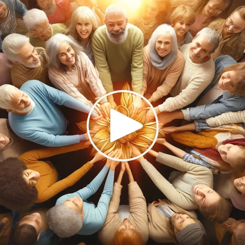 Un grand groupe de personnes debout en cercle, regardant vers le bas et tendant les mains ensemble vers un centre lumineux.