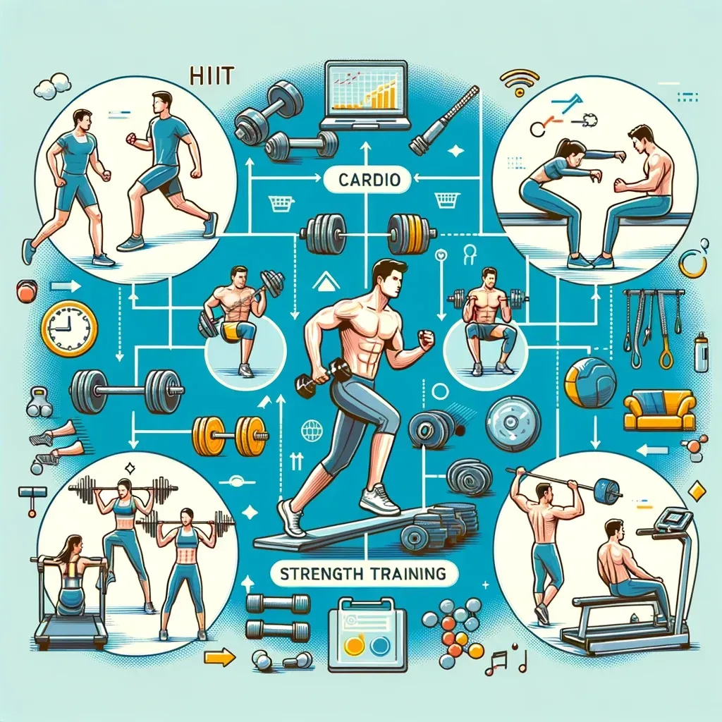 Une infographie sur fond turquoise présente différentes personnes effectuant des exercices de musculation et de cardio avec des équipements de gym.
