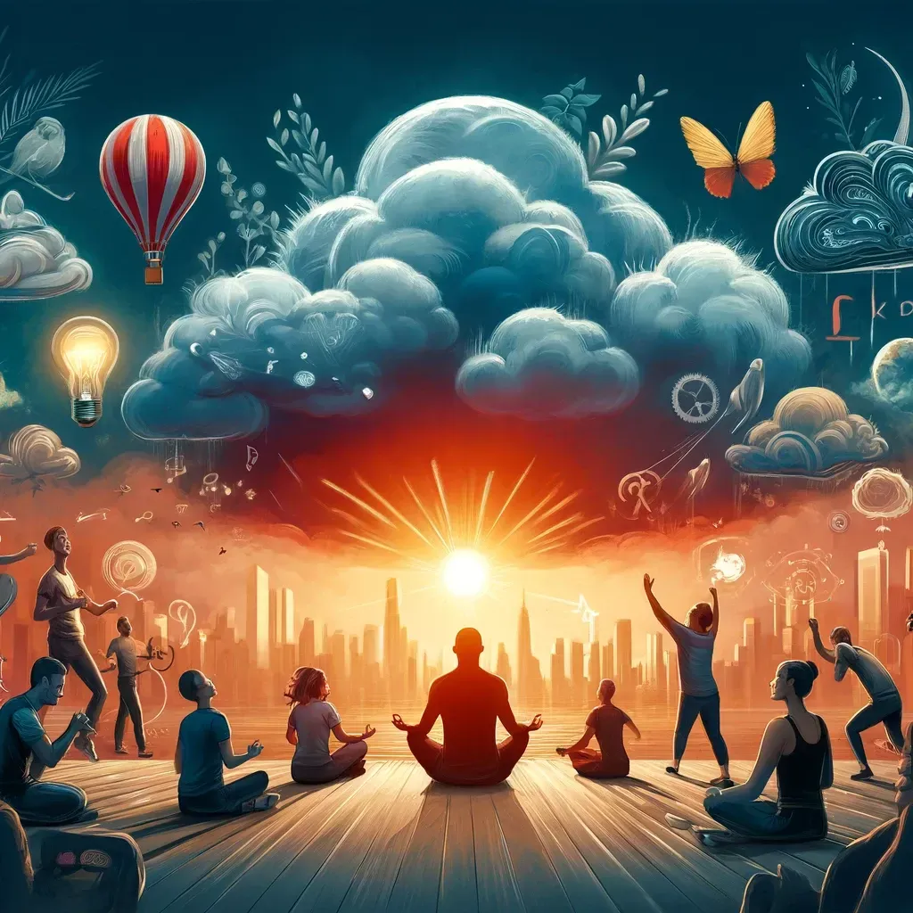 Des gens sont assis ou debout en méditation devant un horizon urbain doré, sous un grand nuage lumineux et un coucher de soleil.