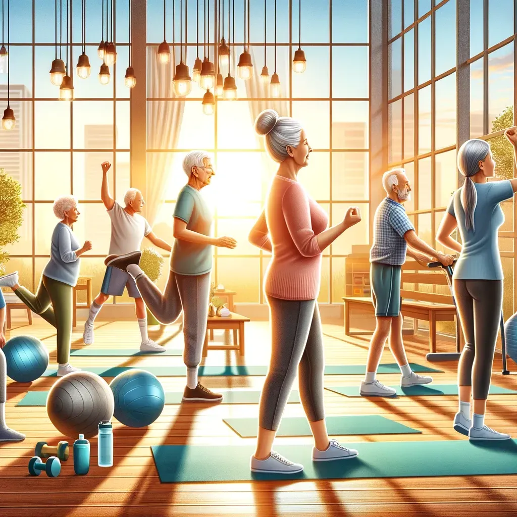 Un groupe d'adultes fait de l'exercice dans un studio de fitness lumineux et ensoleillé, avec des tapis de yoga, des ballons de fitness et des haltères.