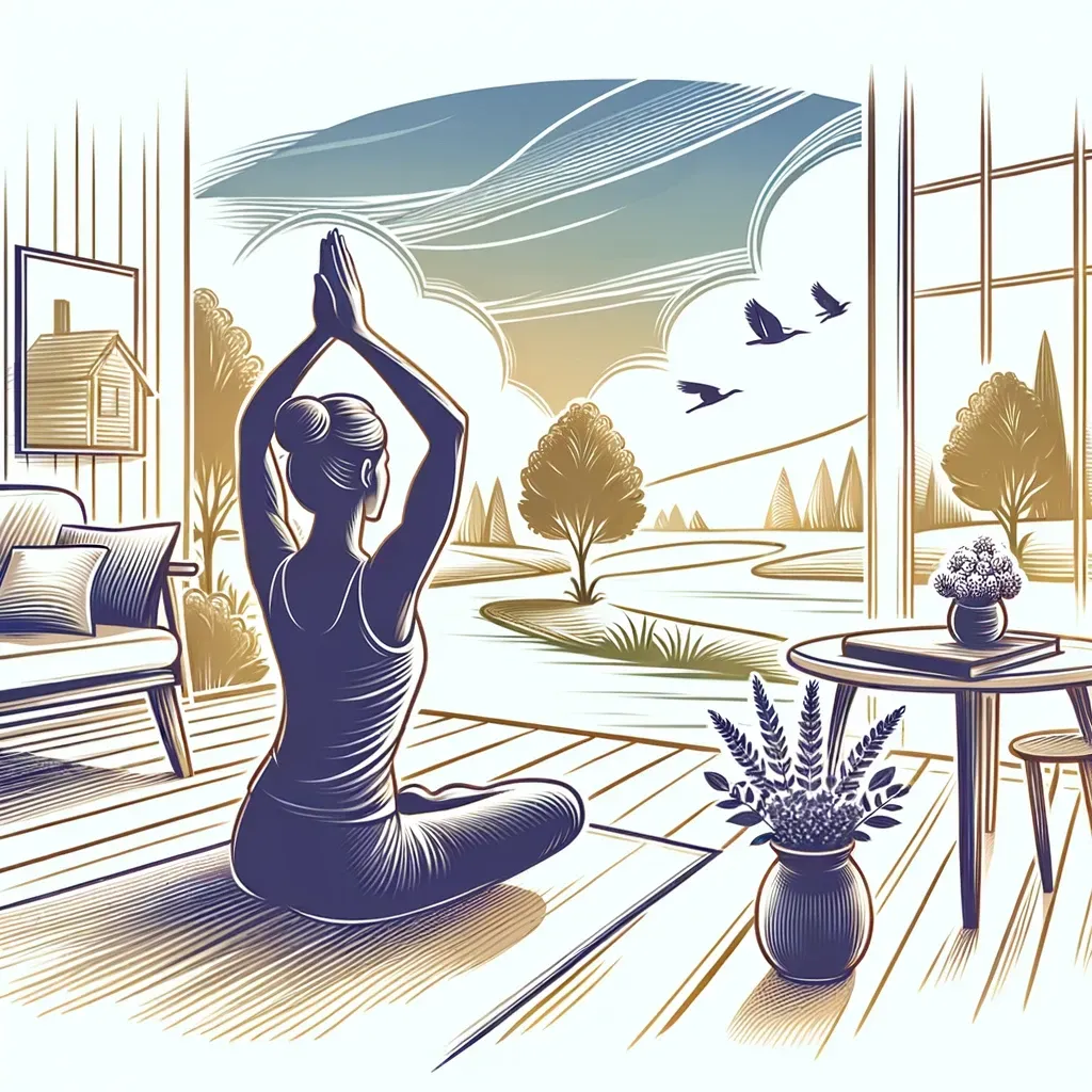 Une personne médite en position du lotus sur une terrasse en bois surplombant une rivière et des arbres, le tout représenté dans un style d'art gravé.