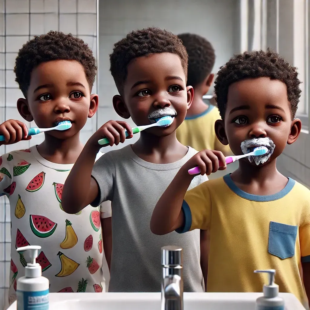 Trois enfants, le visage barbouillé de dentifrice, se brossent les dents devant un miroir de salle de bains.