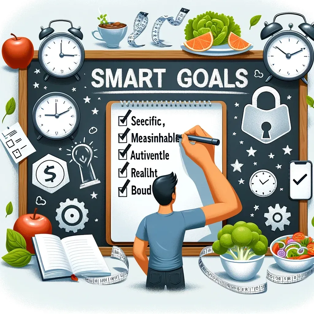 Une personne écrit « OBJECTIFS SMART » sur un bloc-notes entouré d'icônes représentant la santé, la productivité et la gestion du temps.