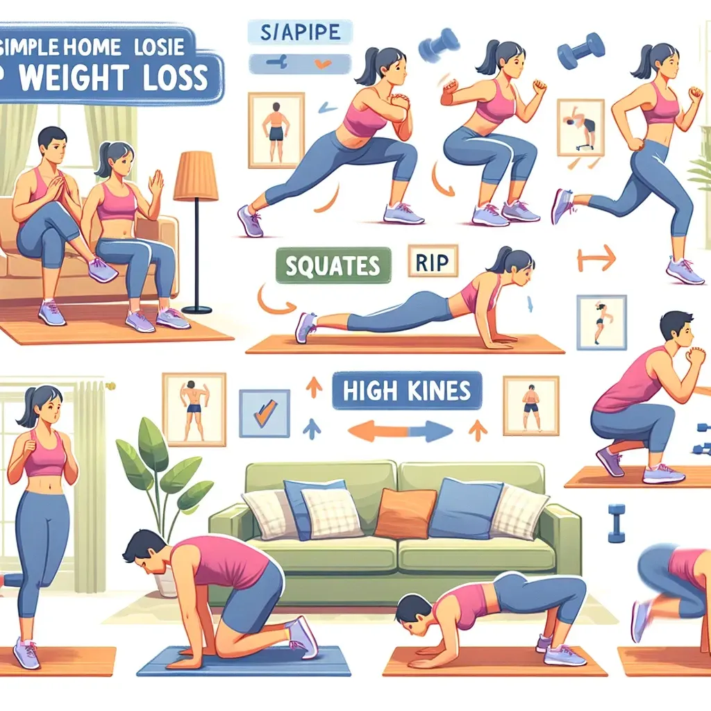 Illustration de différents exercices à faire à la maison, notamment des squats, des fentes et des étirements au sol, pour perdre du poids.