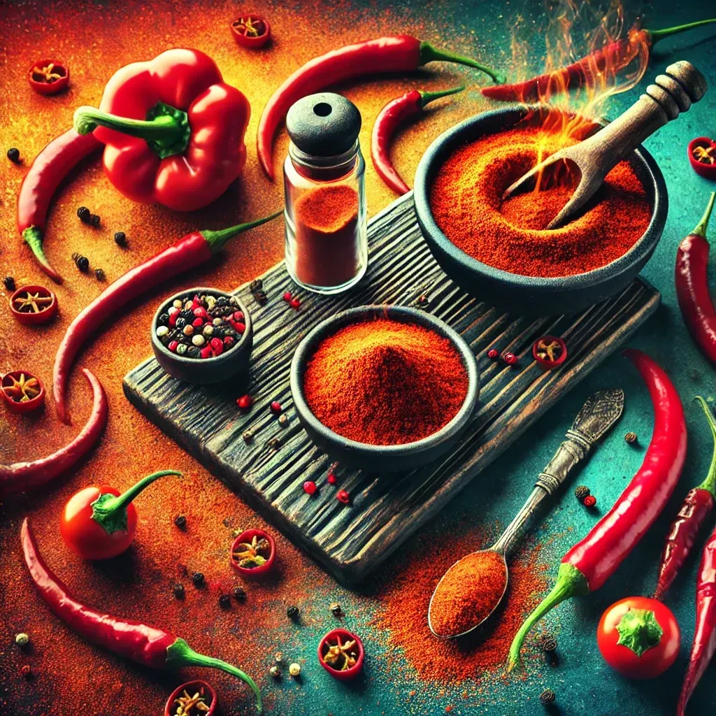 Une planche en bois sombre supporte des bols de poudre de piment rouge, un pot à épices et une cuillère, entourés de piments frais.
