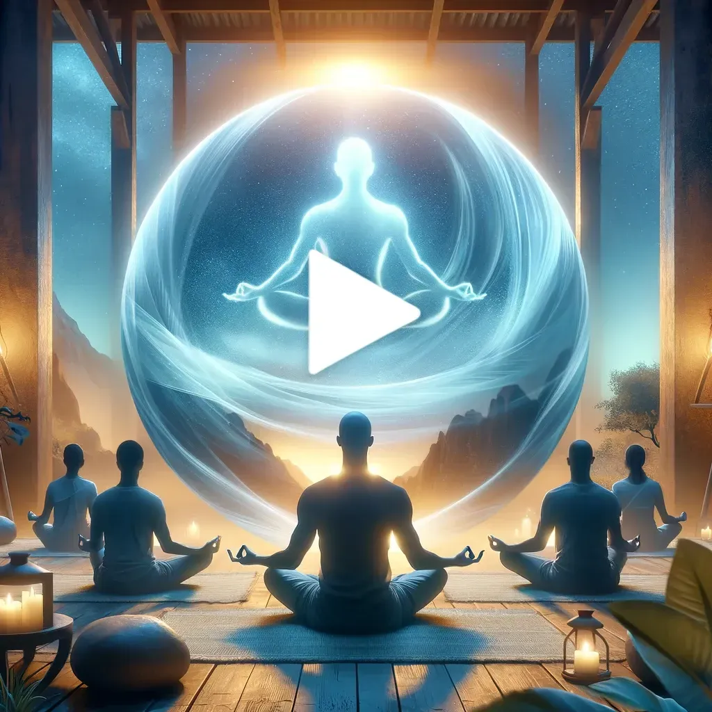 Un groupe de personnes est assis en méditation face à une sphère translucide et lumineuse contenant une figure lumineuse.