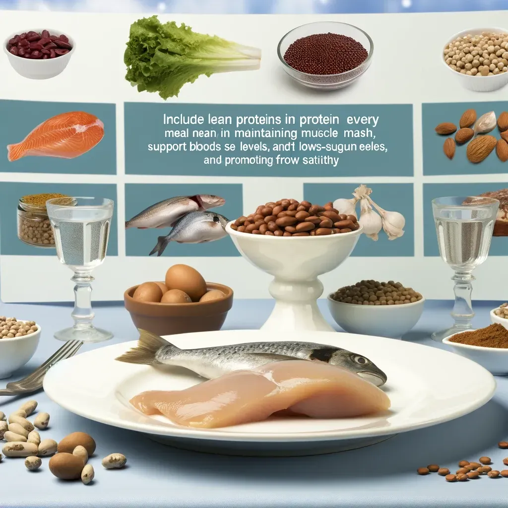 Un étalage de sources de protéines maigres, notamment du poisson, du poulet, des œufs, des haricots et des noix, accompagné d'un texte expliquant leurs bienfaits pour la santé.