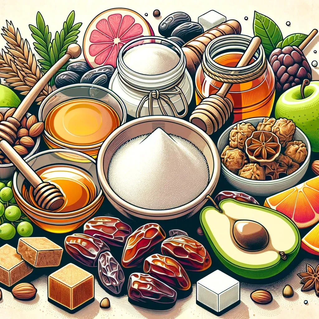 Une sélection de miel, de morceaux de sucre, de dattes, d'un avocat, de fruits, de noix et de céréales, disposés artistiquement à plat.