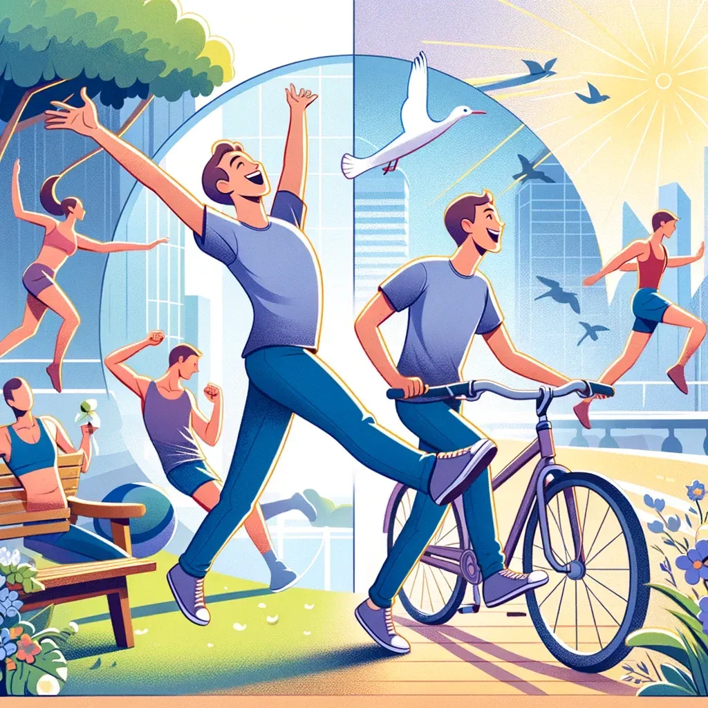 Les personnes joyeuses apprécient les activités de plein air, comme la course à pied, le vélo et le fait de s'asseoir sur un banc dans un parc urbain lumineux et ensoleillé.