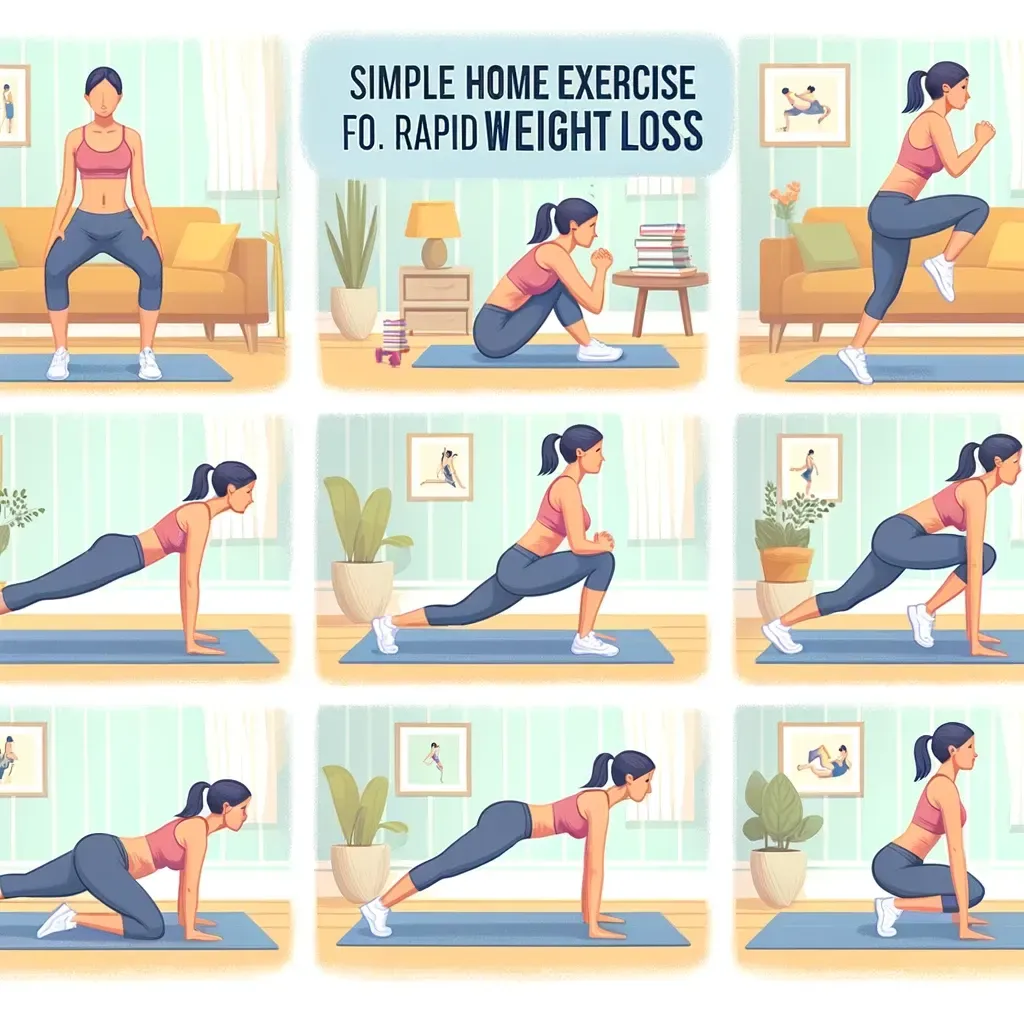 Une grille d'illustrations montrant une personne effectuant neuf exercices différents à domicile pour perdre du poids, dans une pièce.