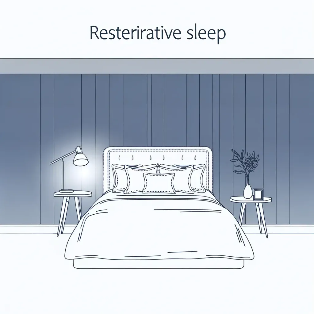 Un dessin au trait représentant une chambre bien rangée avec un lit fait, deux tables de chevet, une lampe et un vase, intitulé « Sommeil réparateur ».