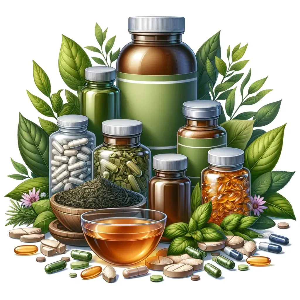 Assortiment de flacons de compléments alimentaires, de poudres à base de plantes, de pilules et d'extraits liquides, entouré de feuilles vertes.