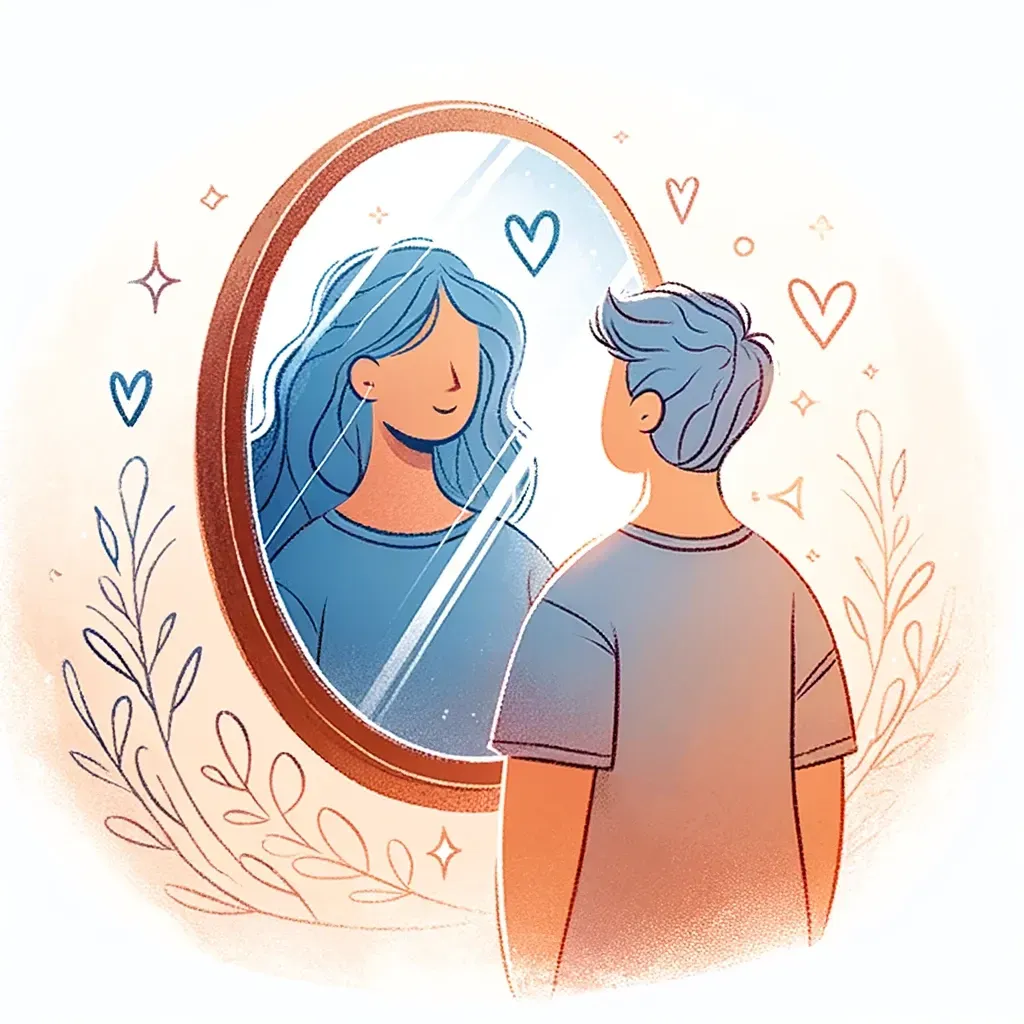 Une personne aux cheveux courts se regarde dans un miroir où elle se reflète avec de longs cheveux bleus ondulés, entourés de cœurs.