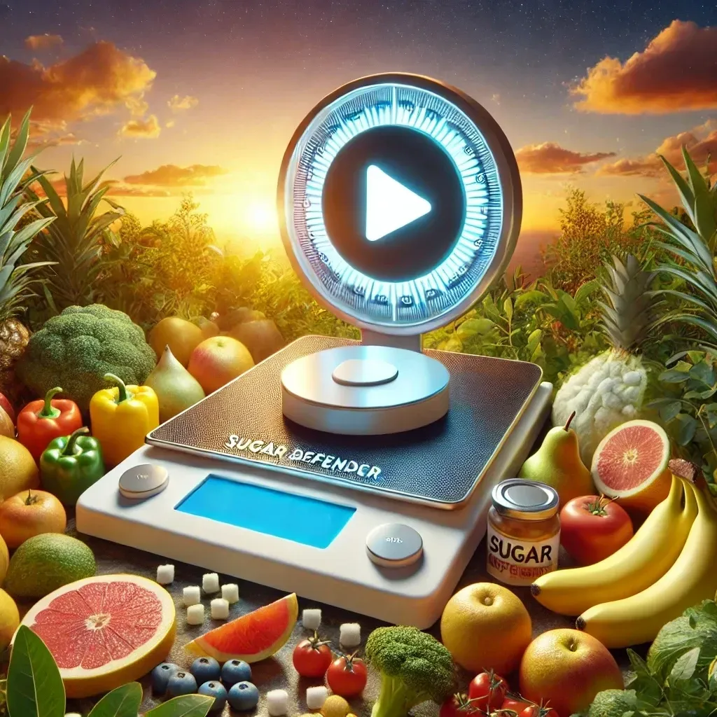 Une balance numérique portant l'inscription « Défenseur du sucre » est entourée de fruits et légumes frais variés au coucher du soleil.