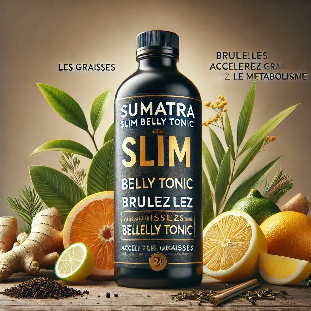 Une bouteille de « Sumatra Slim Belly Tonic » entourée de gingembre, d'agrumes et de feuilles de thé sur un fond neutre.