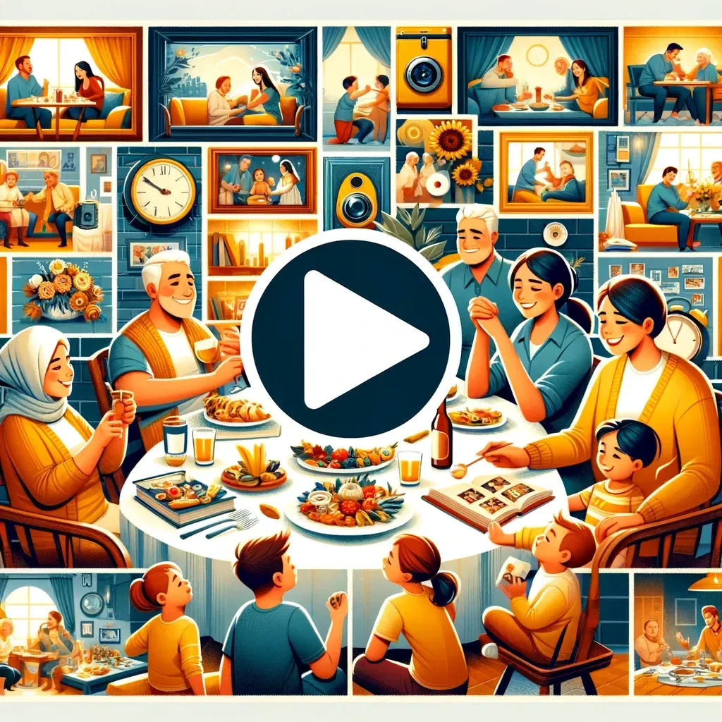 Au centre, une scène de table représentant une famille à table est entourée d'un collage de diverses photos encadrées de personnes partageant des repas.