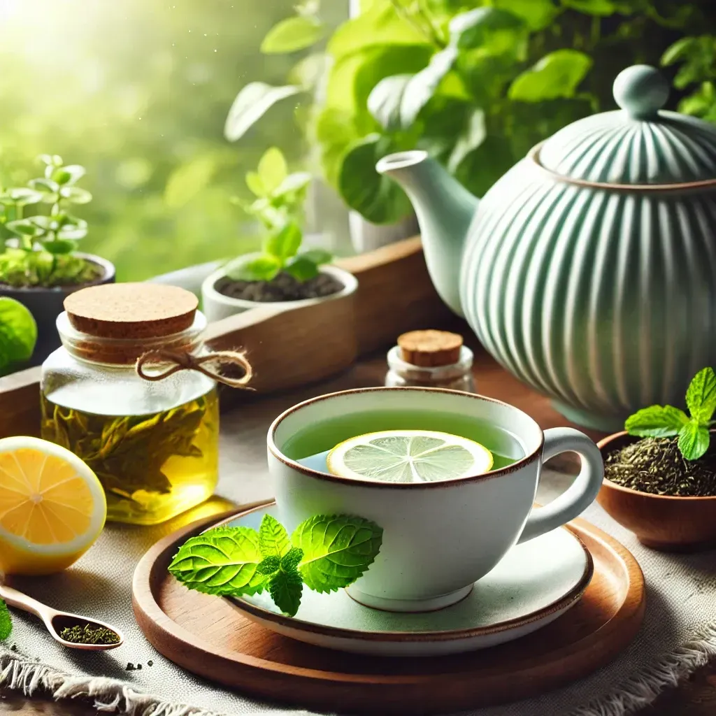 Une tasse de thé avec une tranche de citron et de la menthe, à côté d'une théière, d'un citron, d'herbes et de feuilles de thé sur un plateau en bois baigné de soleil.