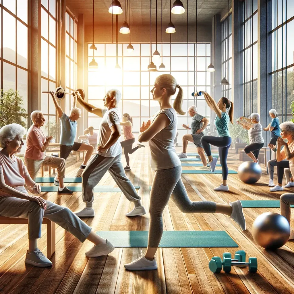 Des personnes font de l'exercice dans un studio baigné de soleil avec de grandes fenêtres, en effectuant des fentes et en utilisant de légers haltères sur des tapis de yoga.