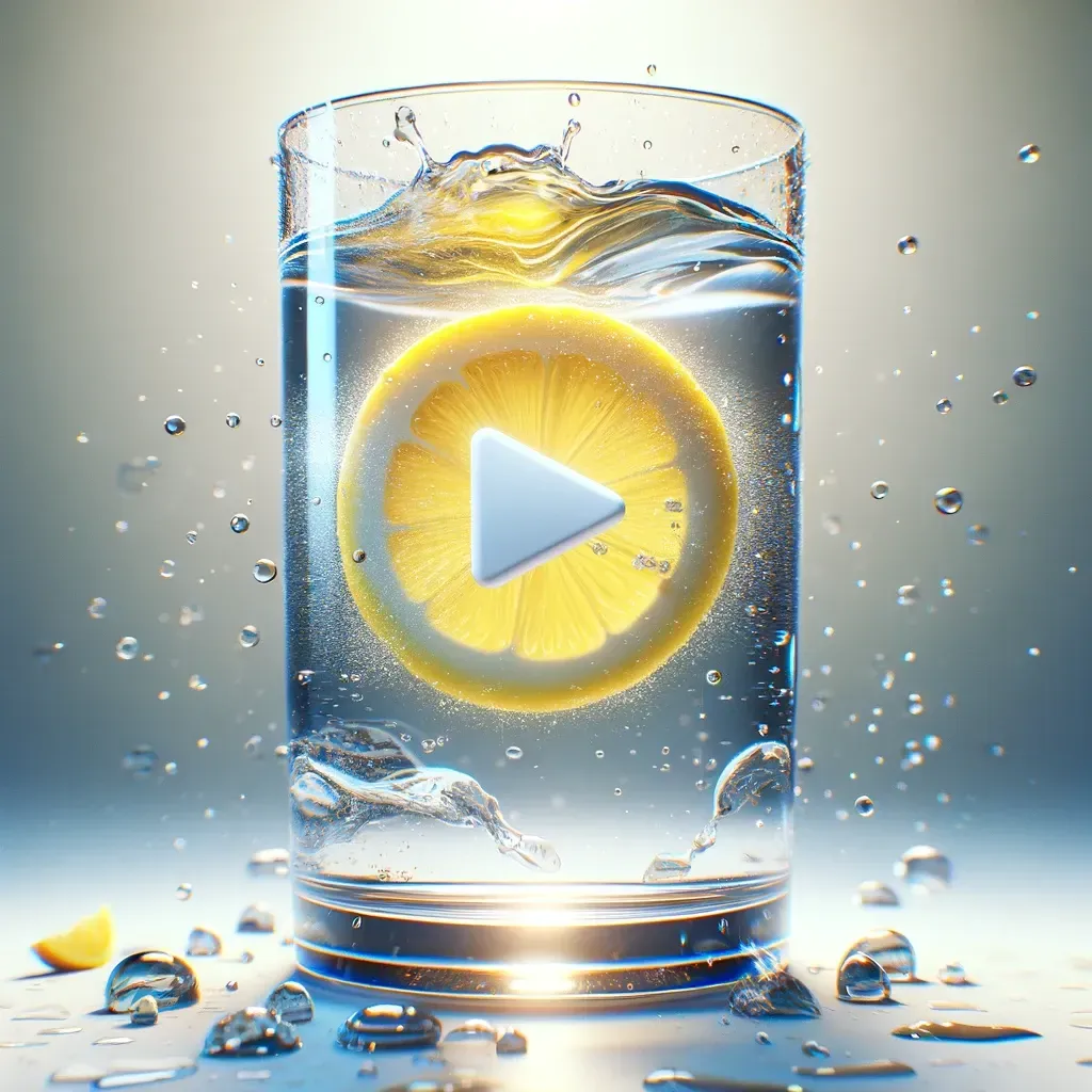 Un verre d'eau contenant une tranche de citron avec une icône de bouton de lecture blanche centrée dessus, entourée de gouttelettes qui éclaboussent.