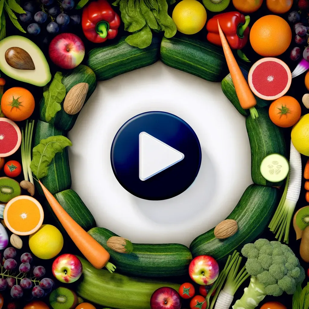 Un cadre circulaire de fruits et légumes frais entourant un bouton de lecture bleu.