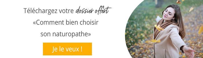Une offre permettant de télécharger gratuitement un guide pour choisir un naturopathe, avec un bouton et une image d'une femme admirant les feuilles d'automne qui tombent.