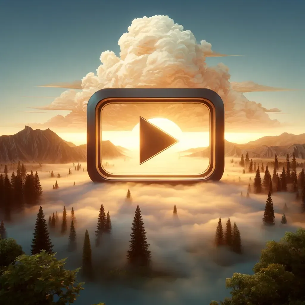 Une icône de bouton de lecture numérique flotte au-dessus d'une forêt de pins brumeuse, sous un ciel de coucher de soleil parsemé d'un gros nuage.