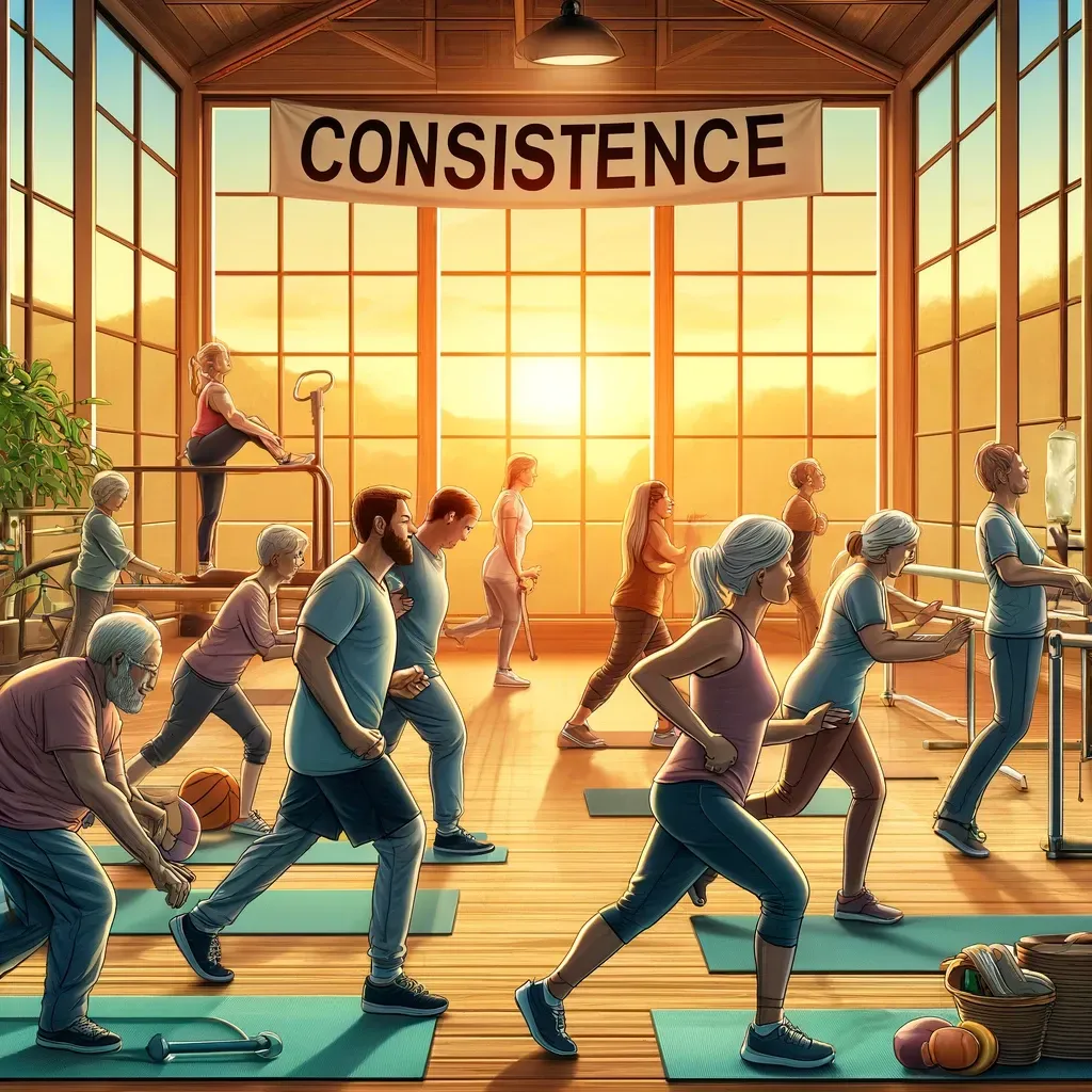 Un groupe de personnes font de l'exercice sur des tapis de yoga dans un studio lumineux, sous une banderole sur laquelle on peut lire « CONSISTANCE ».