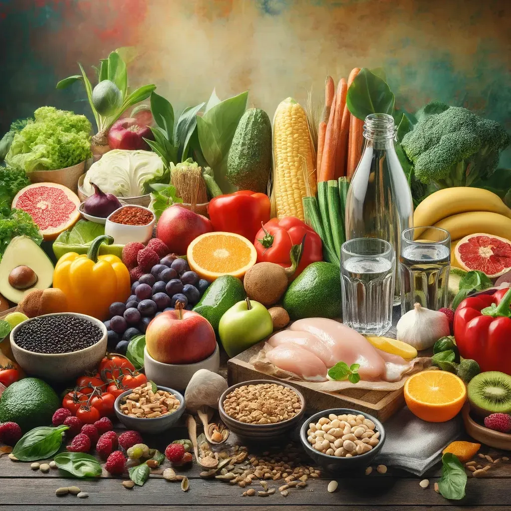 Un assortiment coloré de fruits frais, de légumes, de céréales, de blanc de poulet cru et deux verres d'eau sur une table.
