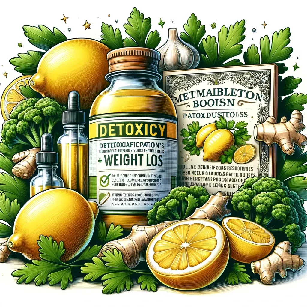 Une bouteille de « DETOXICY WEIGHT LOS » entourée de citrons frais, de gingembre, d'ail, de brocoli et de persil, avec l'étiquette du produit.