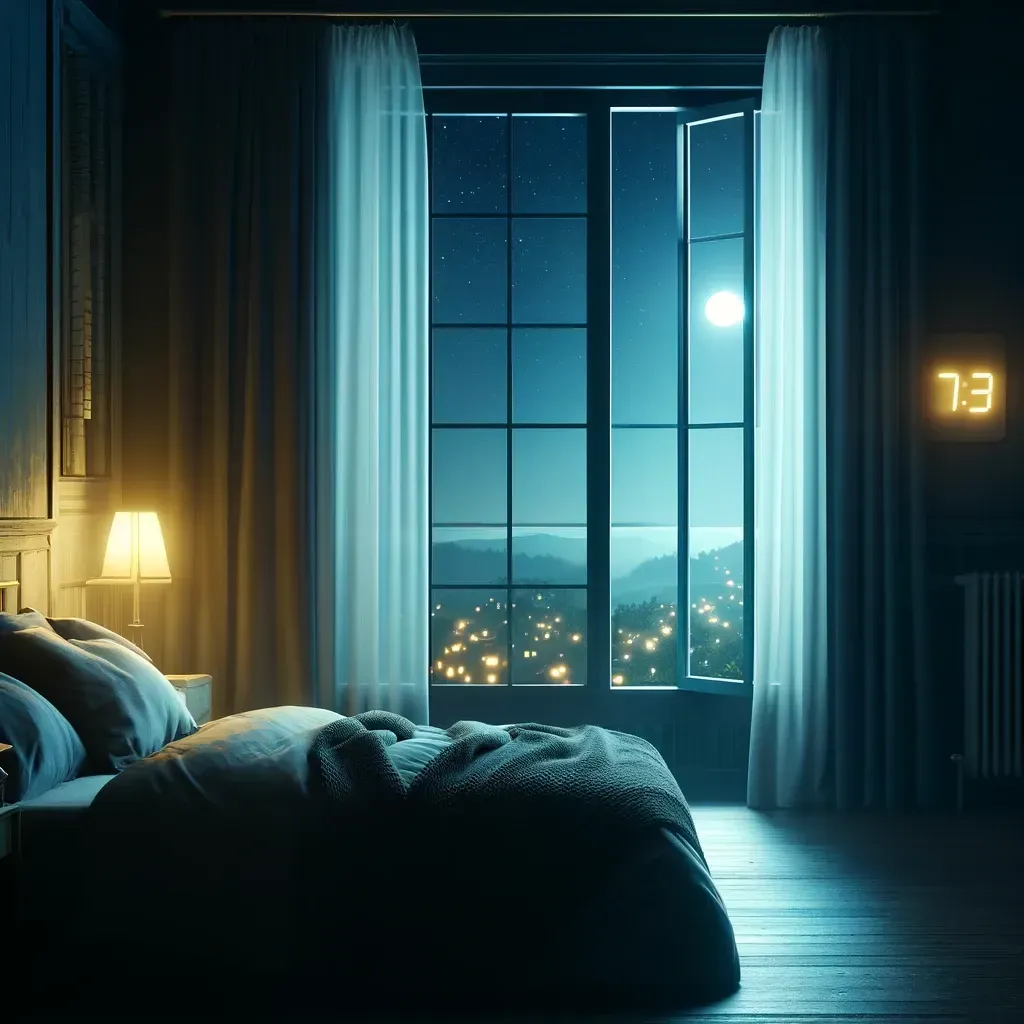 Une chambre la nuit, avec un lit, une lampe de chevet et une haute fenêtre donnant sur un paysage étoilé et une ville au loin.