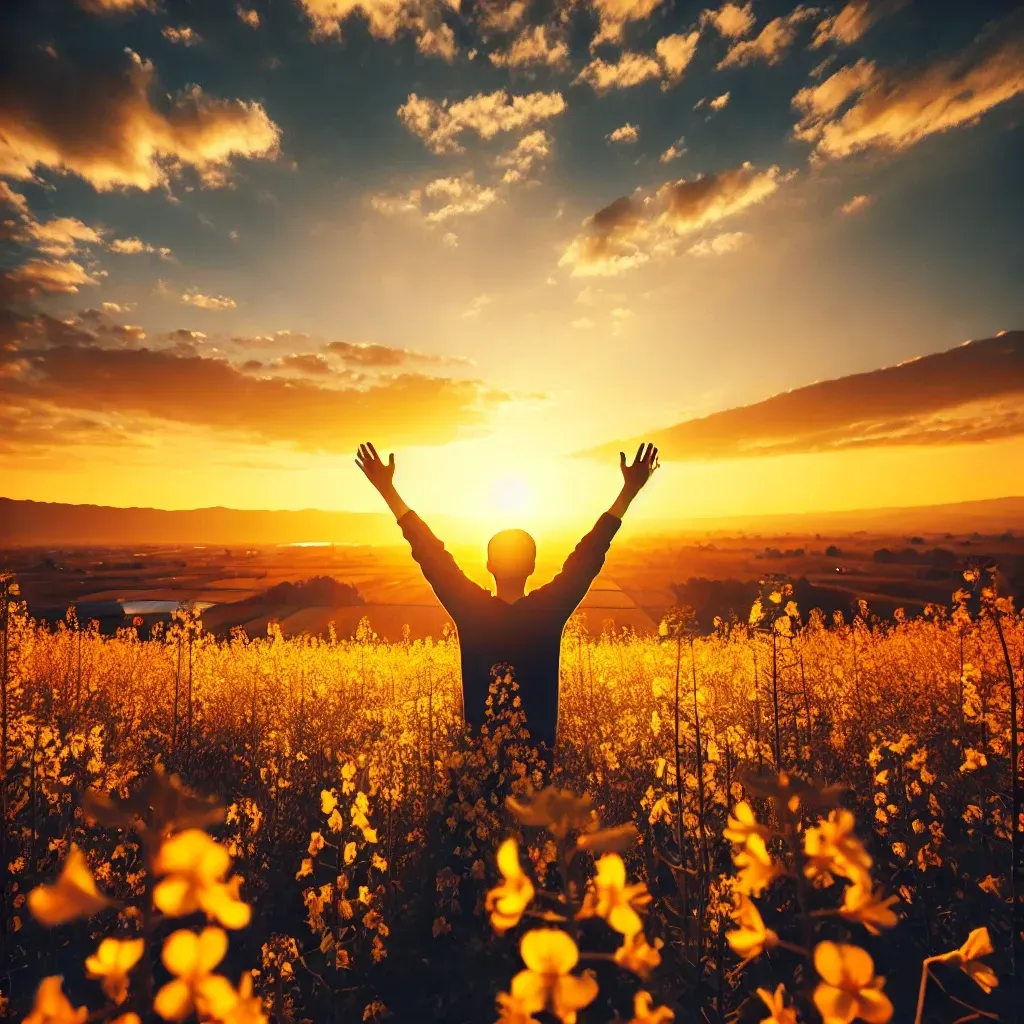 Une personne se tient debout dans un champ de fleurs jaunes, les bras levés vers un coucher de soleil flamboyant dans le ciel doré de l'heure dorée.