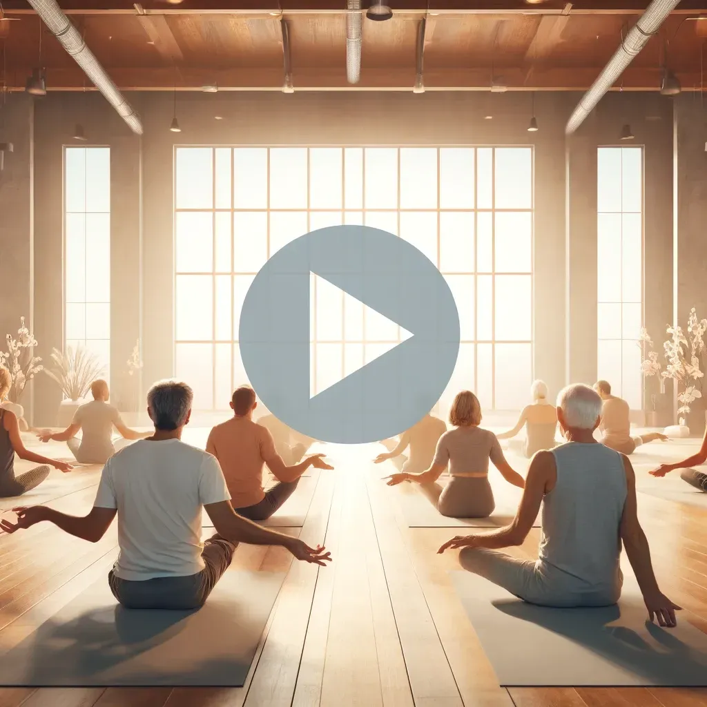 Dans un studio lumineux et ensoleillé, un groupe de personnes est assis sur des tapis, pratiquant le yoga dans une posture méditative.