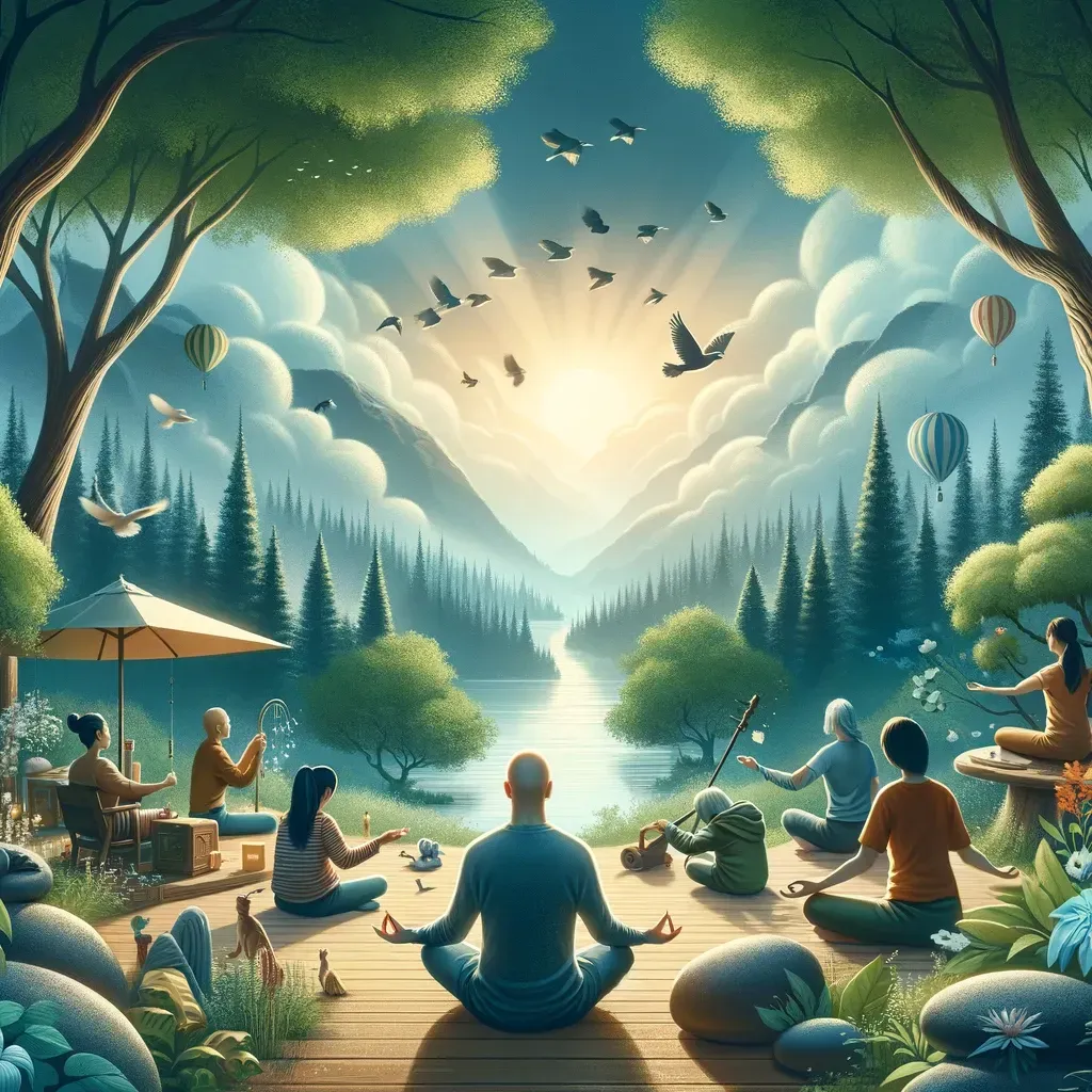 Des gens méditent sur une terrasse en bois surplombant une vallée sereine, des montagnes et un lac, tandis que des oiseaux volent vers un lever de soleil éclatant.