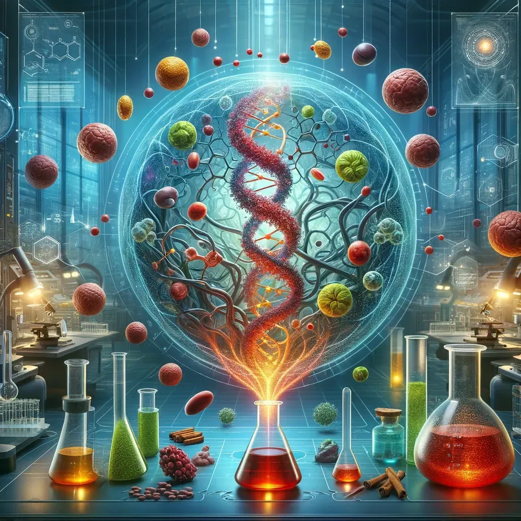 Une double hélice d'ADN émerge d'un flacon de laboratoire, entourée de structures moléculaires lumineuses et d'équipements de laboratoire.
