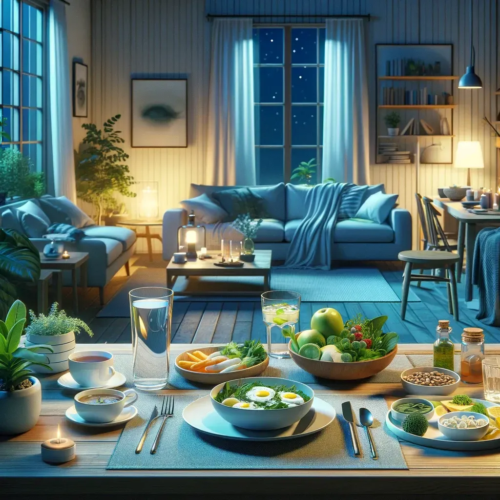 Une table dressée pour un repas, avec des bols de nourriture et d'eau au premier plan, et un salon confortable et faiblement éclairé à l'arrière-plan.